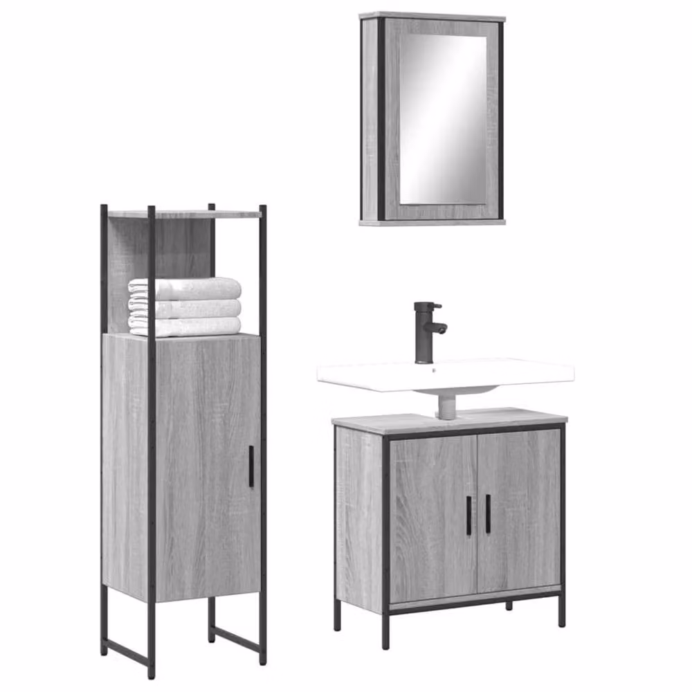Berkfield Home Modern 3 Piece Grey Bathroom Furniture Set including Vanity Unit, Mirror Cabinet and Tall Cabinet – 2