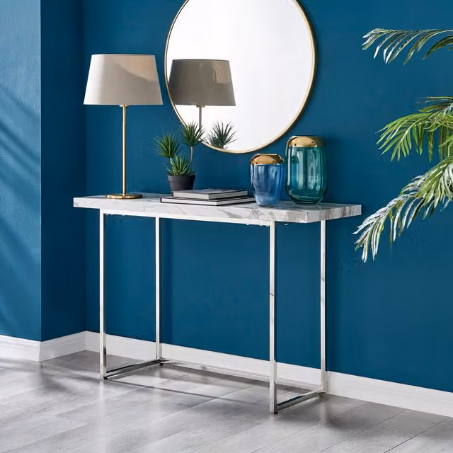 FurnitureboxUK Kylo Modern White Marble Effect Console Table with Silver Sled Base