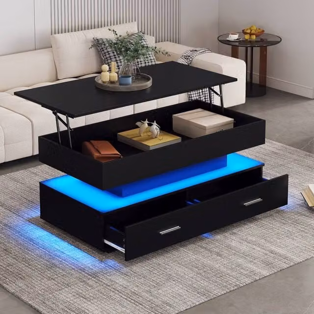 Merax Modern Hydraulic Lift-Top Coffee Table with LED and 2 Drawers in Black