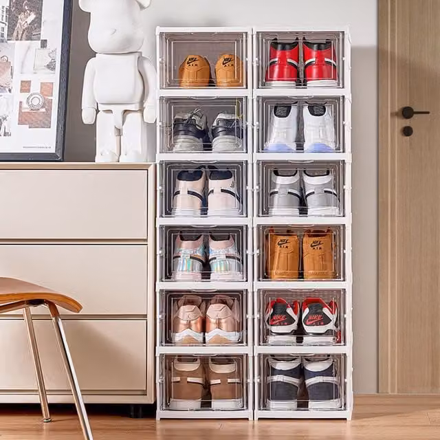 Livingandhome Foldable and Stackable Transparent Shoe Storage Box, White