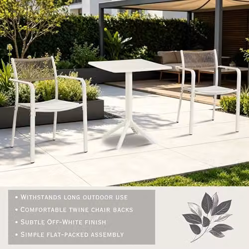 Core Products 3-Piece Bistro Garden Set with Two Rope-Back Armchairs and Square Plastic Table in White and Green – 2