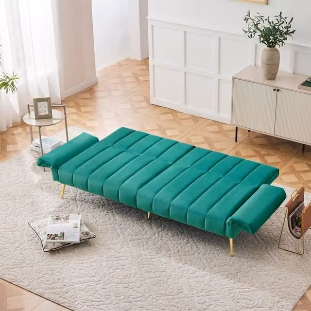 Merax Modern Convertible Velvet Sofa Bed in Green with Adjustable Back and Armrests – 1