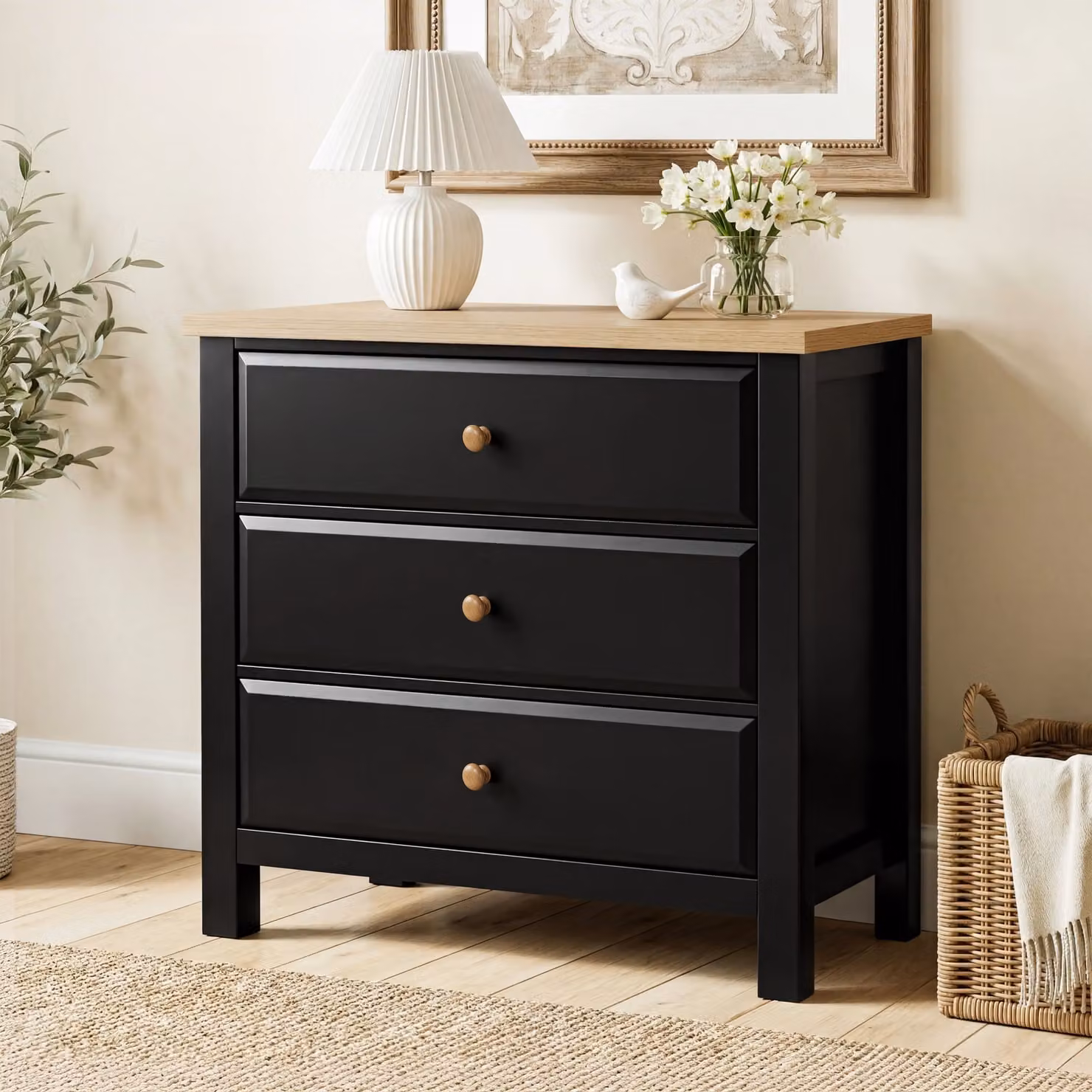 DHS Black Painted 3 Chest of Drawers with Oak Top, W/D/H: 80 x 42 x 83 cm