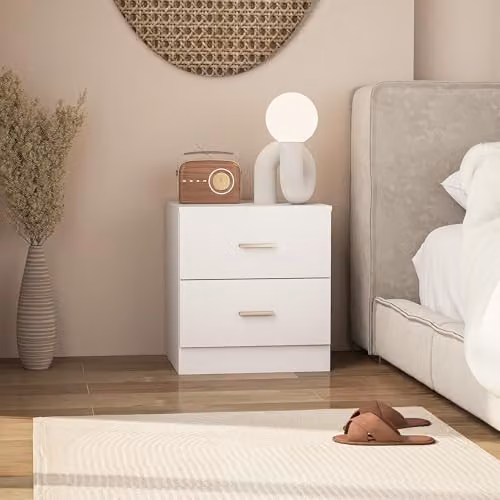 HOMCOM Set of 2 Modern White Bedside Tables with 2 Drawers – 3