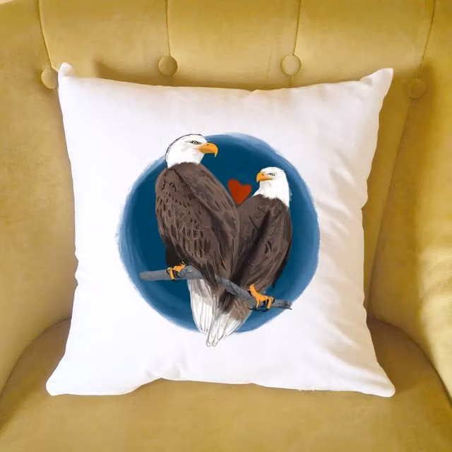 Afewhometruths Mates for Life Bald Eagles Love Cushion in Off-White, W/D/H: 40 x 40 x 40 cm