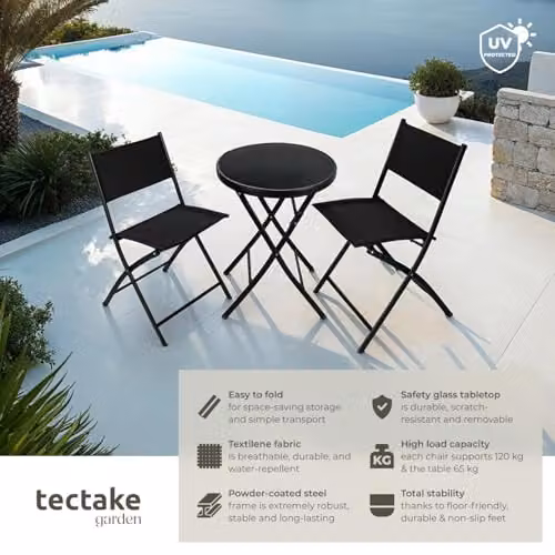 tectake Garden Bistro Set with Glass Top Round Table and 3 Chairs in Black – 3