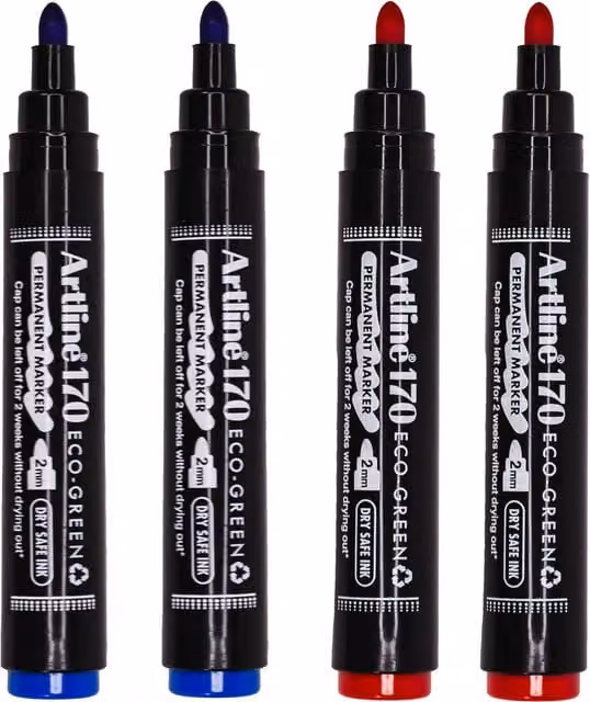 Artline Eco-Green Permanent Markers with Bullet Nib, Pack of 4, Blue and Red