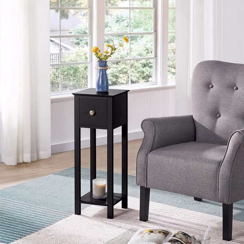 FORGEVIO Black Slim Bedside Table Set of 2, Minimalist Narrow Wooden Nightstands – 3