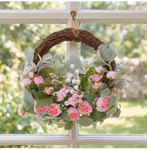 Living and Home Round Rattan Artificial Peony Flower Wreath in Green and Pink – 1