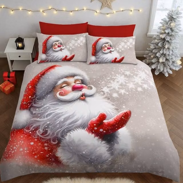 Velosso Festive Santa Kiss Christmas Duvet Cover and Pillowcase Set, Multicolour and White, W: 200 cm x D: 220 cm