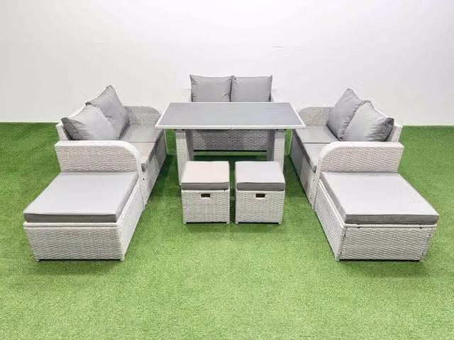 Fimous 10 Seater Patio Garden Furniture Set in Light Grey with 2 Side Tables and 4 Stools