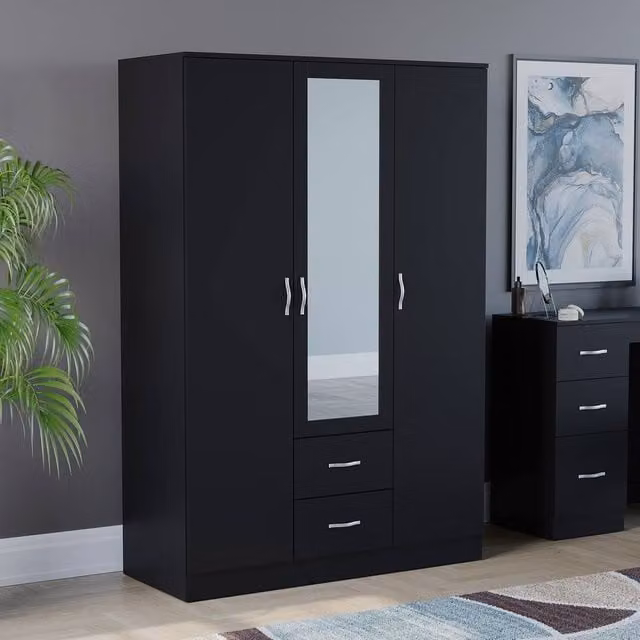 HD Designs Riano Modern Black Mirrored Wardrobe with 3 Doors and 2 Drawers H 170 cm x W 115.4 cm – 1