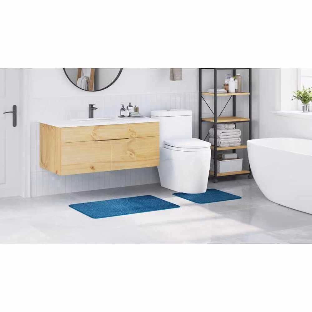 Berkfield Home 2 Piece Blue Non-Slip Microfibre and Polyester Bath Mat Set – 3