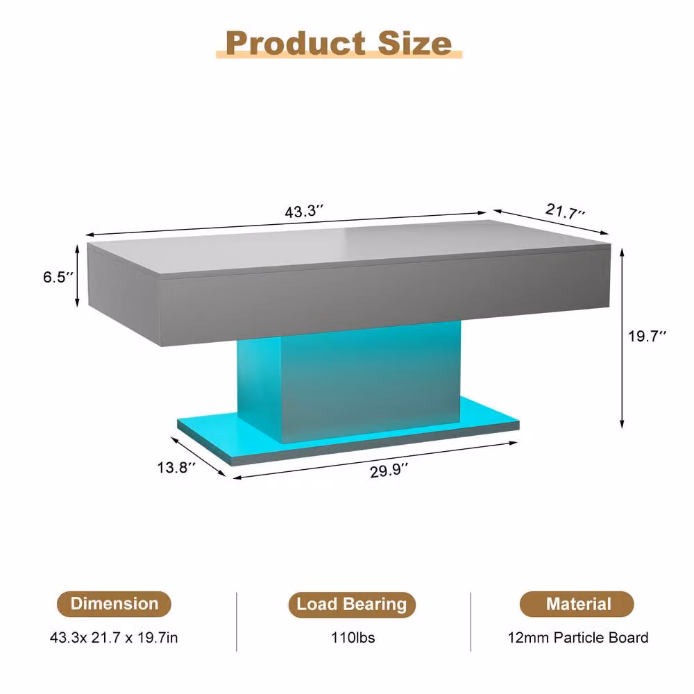 KEEPREAPER High Gloss Rectangular Coffee Table with 16-Colour LED Light in Grey – 4