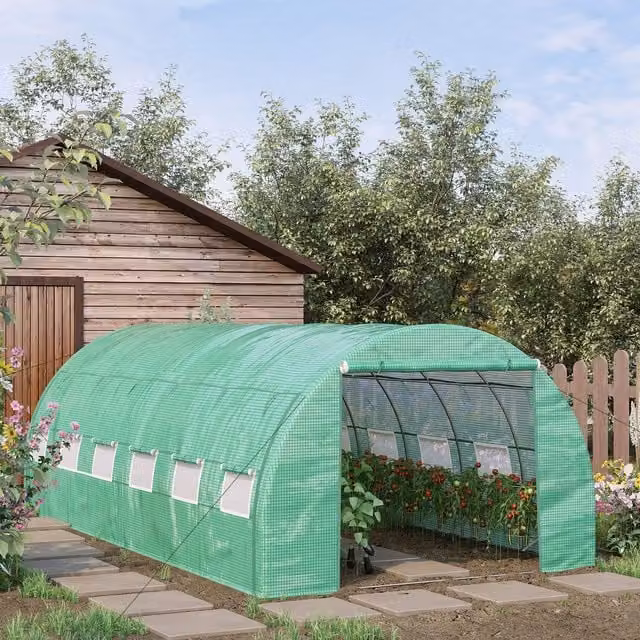 Outsunny Green Polytunnel Greenhouse with Steel Frame, Roll-up Side Walls and Mesh Windows, W/D/H: 600 x 300 x 200 cm