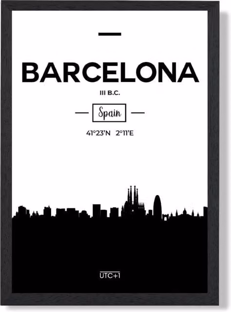 ARTZE Barcelona Black and White City Skyline Framed Paper Print – 1