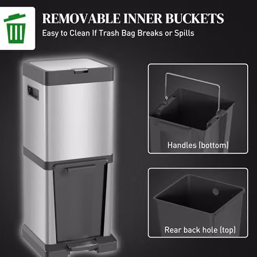 HOMCOM Silver Stainless Steel Dual Kitchen Bin with Pedal and Removable Inner Buckets, 20+14L – 6