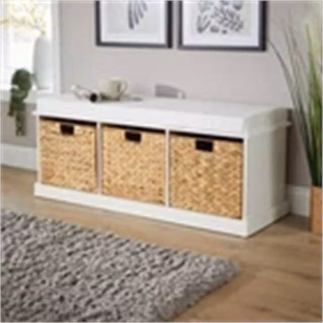 Nordara Scandinavian Hallway Storage Bench with 3 White Rattan Woven Drawers – 1