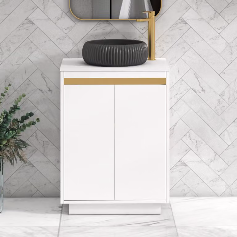 Royal Bathrooms Orion 600mm Matt White Floor Standing 2 Door Vanity Unit with Milan Black Basin and Brushed Brass Accent Trim