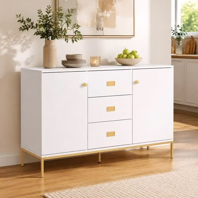 STILVORA Modern White and Gold Sideboard with 2 Cupboards and 3 Drawers, W: 120 cm, H: 77 cm, D: 39.5 cm