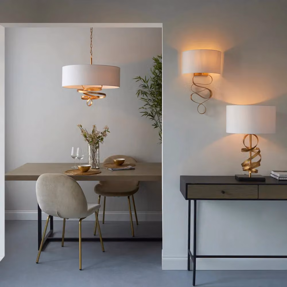 Loops Gold Leaf Ribbon Ceiling Pendant Light with Ivory Shade and 3 Bulb Hanging Lamp Fitting – 3