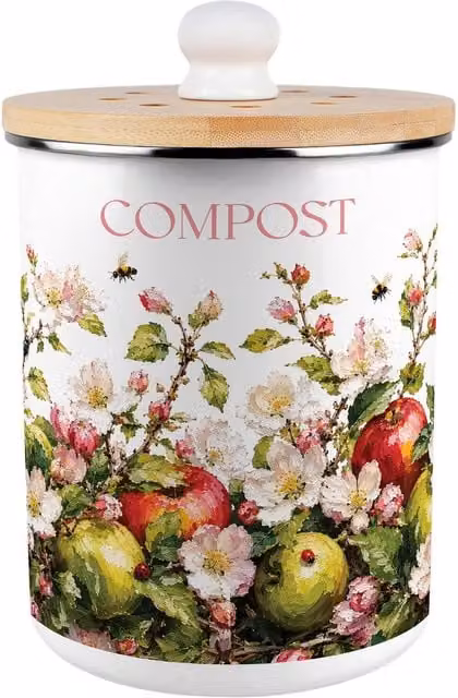 Purely Home Apple Blossoms Compost Caddy, Enamel Metal Kitchen Food Waste Bin with Removable Inner Bucket and Odour Filter, Green and White, 2L