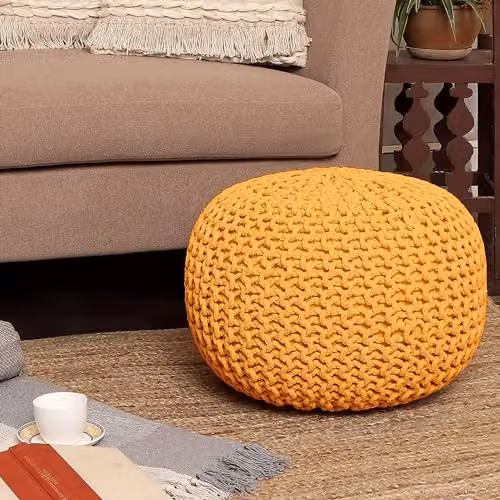 Home Sweet Home UK Handmade Large Round Knitted Pouffe Ottoman in Yellow, 100% Cotton – 6