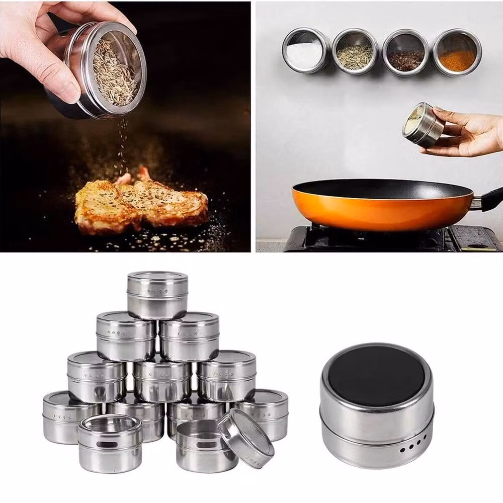 Kelvenix 12-Piece Stainless Steel Magnetic Spice Jar Set in Silver with Transparent Lids – 3