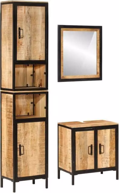 Berkfield Home 3 Piece Industrial Bathroom Furniture Set in Brown Mango Wood and Metal – 1