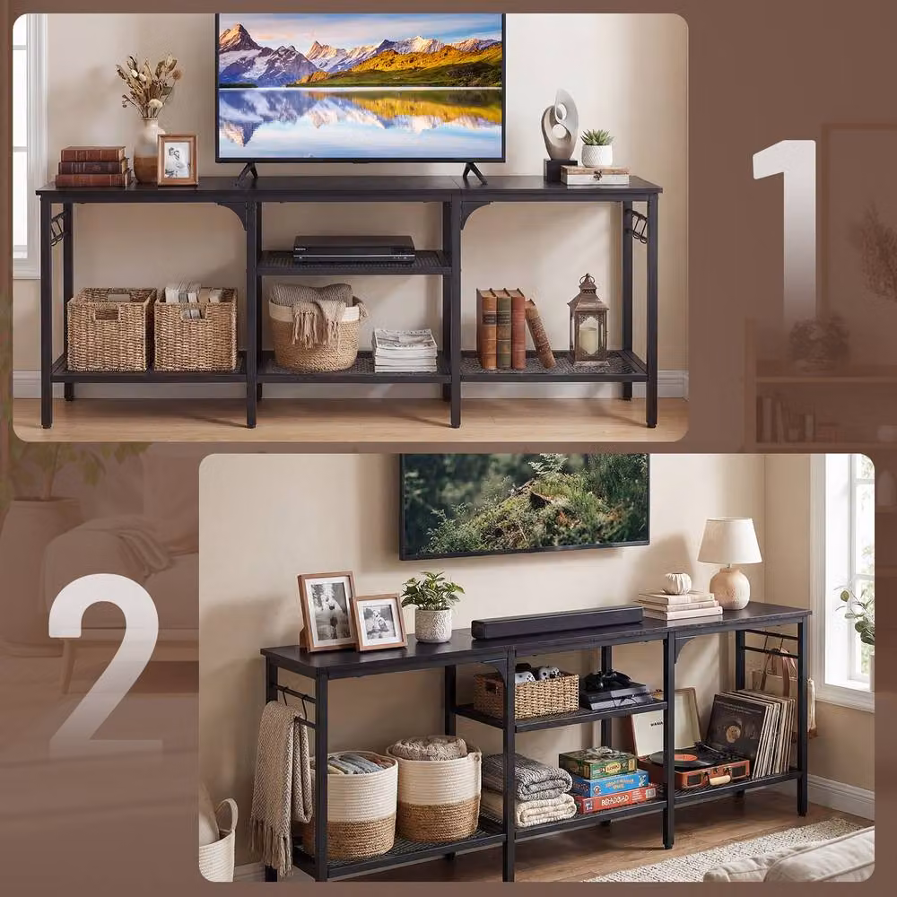 Gymax Industrial TV Stand and Media Console Table with Metal Mesh Shelves in Black – 3