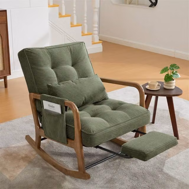 Direct Wicker Corduroy Upholstered Rocker Glider Chair with Footrest and Side Pocket in Green