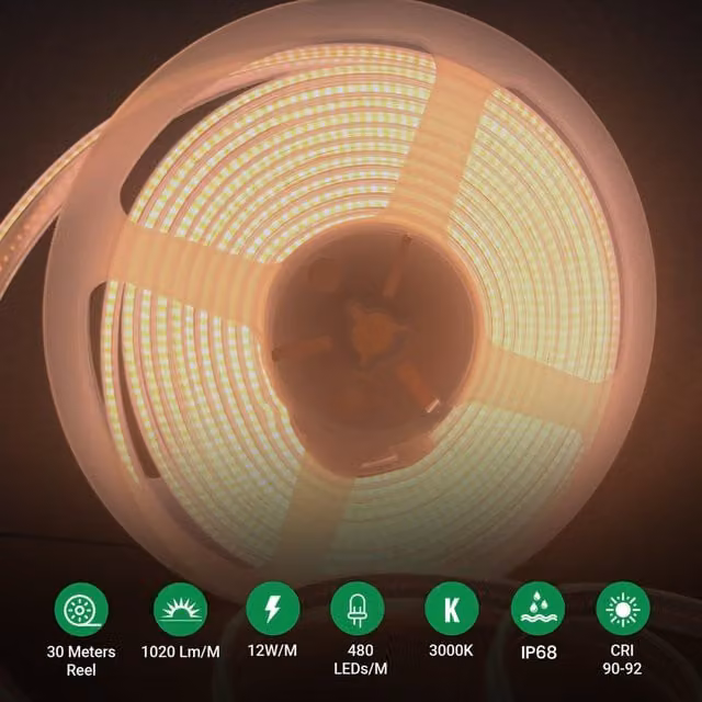 Ener-J COB LED Strip Lights, 30m Warm White 3000K IP68 Waterproof 24V Self-Adhesive Flexible Reel