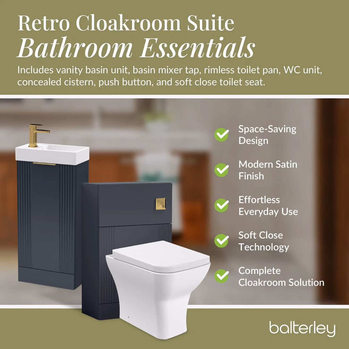 Balterley Modern Wall Mounted Cloakroom Suite with Vanity Unit, Tap and Toilet in Matt Dark Grey and Brass – 4