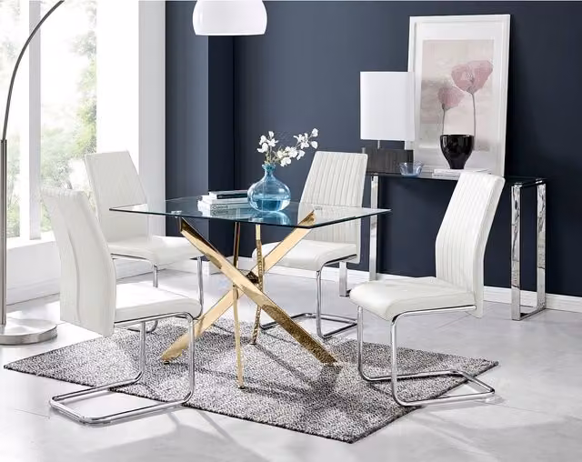 FurnitureboxUK Leonardo Gold Dining Set with Four Lorenzo Chairs in White