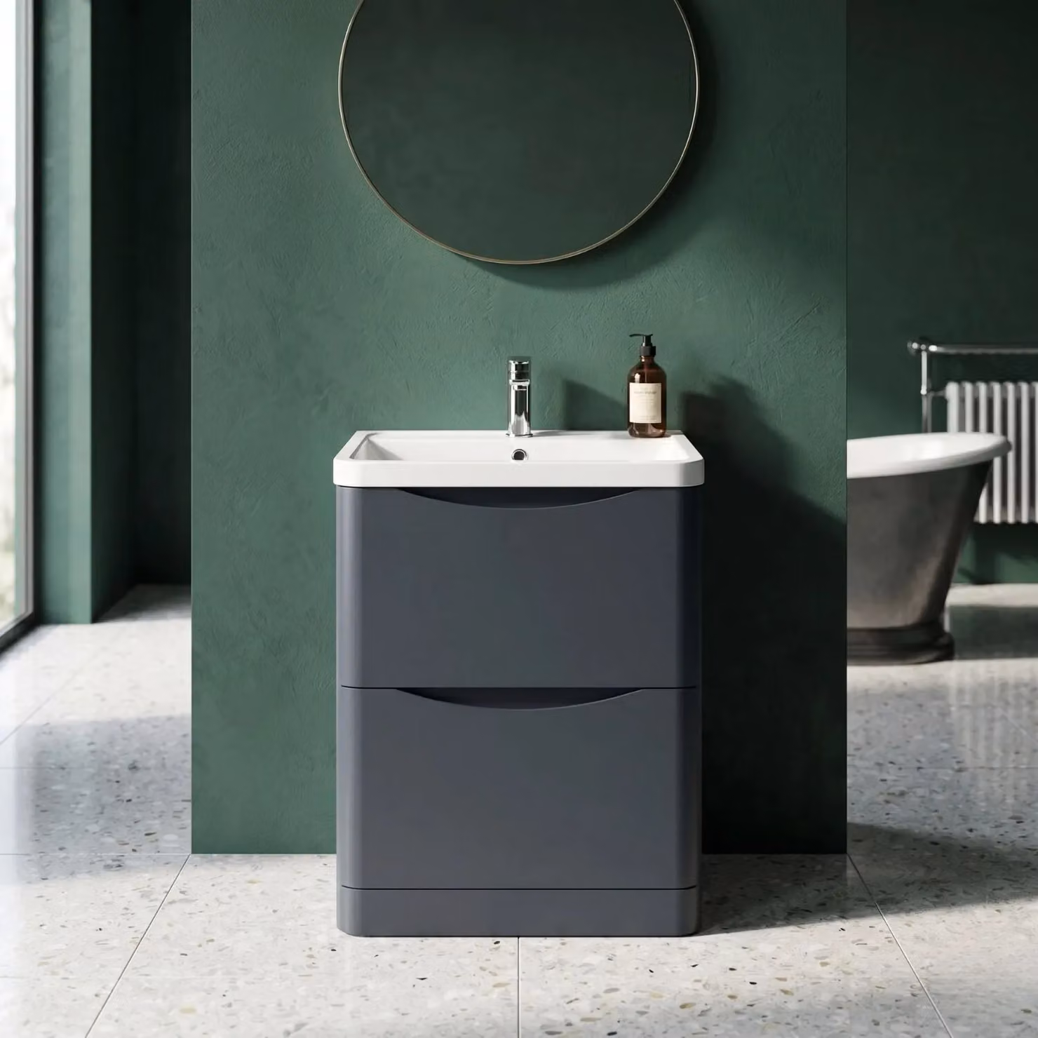 Balterley Modern 2 Drawer Bathroom Floor Vanity with Polymarble Basin, Dark Grey, Width: 60 cm – 5