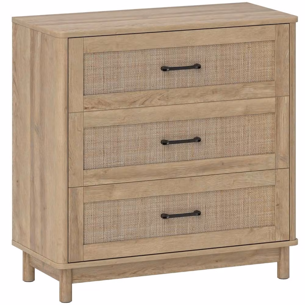 Wyld Haus Zima 3 Drawer Chest in Light Oak Finish with Rattan Fronts, Width: 76 cm – 2