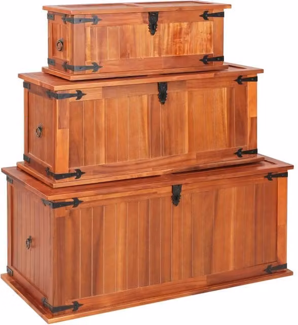 Berkfield Home Set of 3 Rustic Brown Solid Acacia Wood Storage Chests – 1