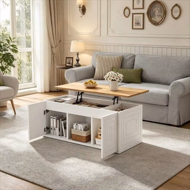 Rolipo Height Adjustable Modern Coffee Table with Storage Cabinets in White and Brown Wood Finish – 1