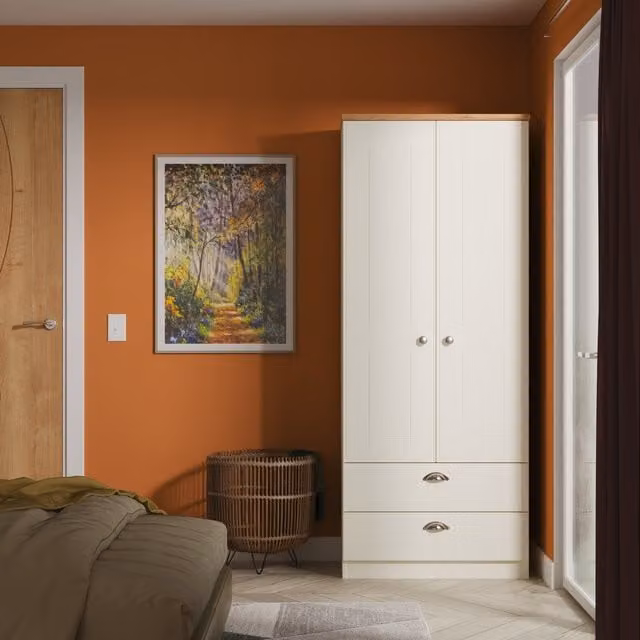 Victoria Ready Assembled 2ft6in 2 Drawer Wardrobe in Cream Ash and Riviera Oak