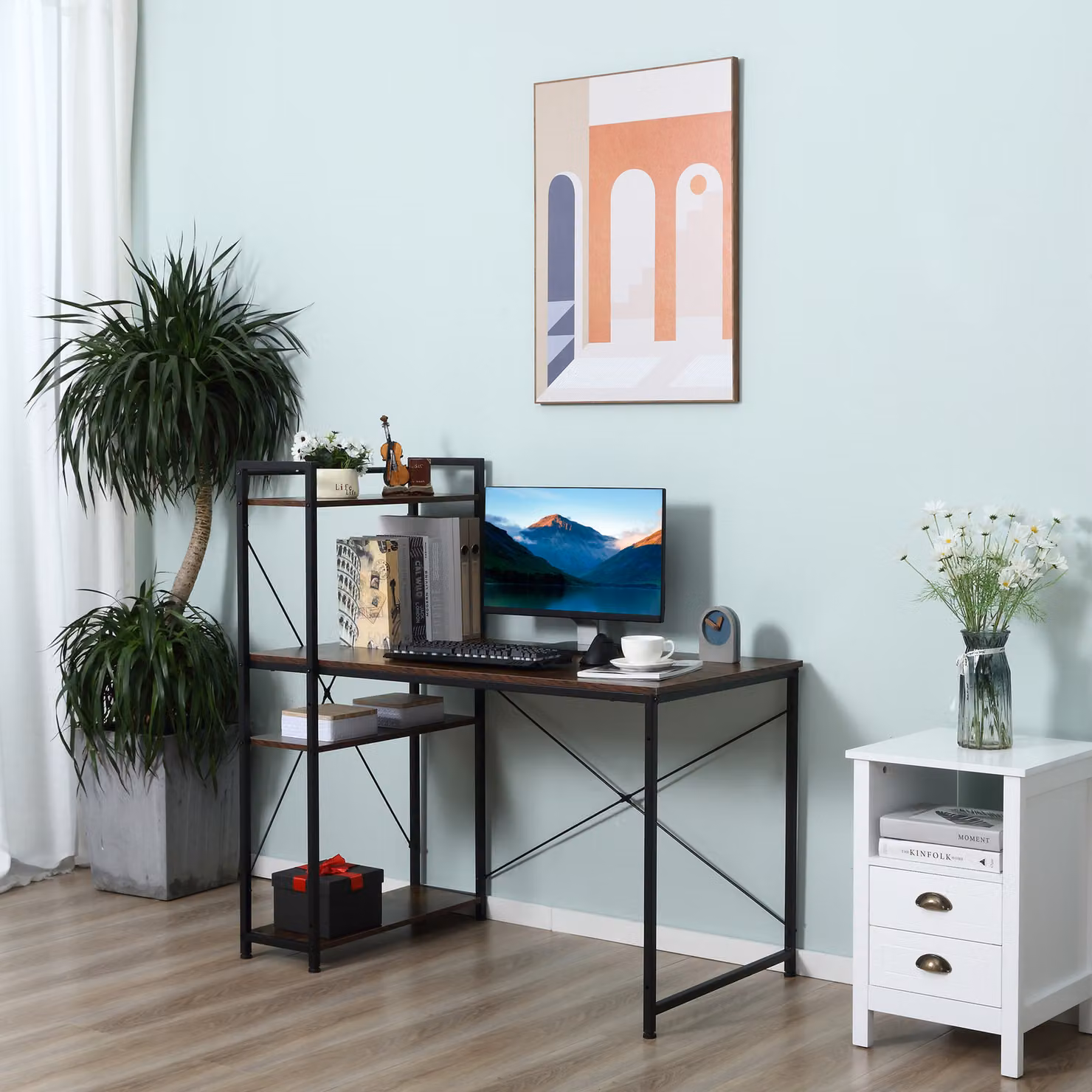 HOMCOM Modern Computer Desk with 4-Tier Bookshelf and Metal X-Frame, Rustic Brown and Black – 6