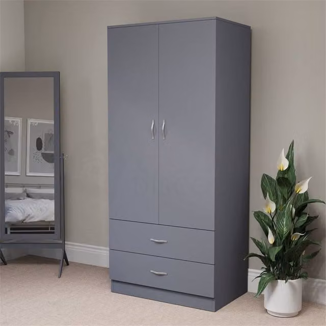 FORGEVIO Grey Modern Wooden Wardrobe with Integrated Drawers and Hanging Rod – 1
