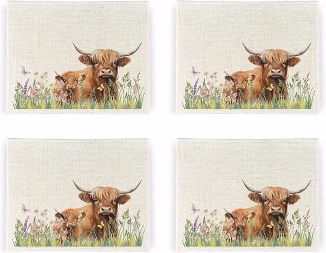 Purely Home Highland Cow and Calf Linen Placemats, Set of 4, White