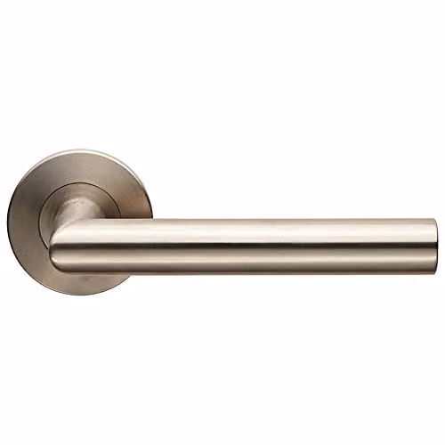 Loops Pair of Straight Mitred Bar Door Handles with Slim Round Rose in Brushed Satin Steel