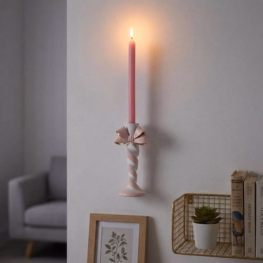 Garden Greatness Candy Cane Bow Taper Candle Holder in Pink, White and Multicolour – 2