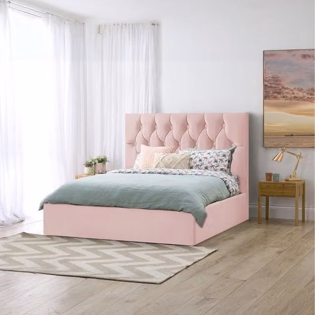 Desire Deco Samara Chesterfield Upholstered Storage Bed in Pink Velvet, W/D/H: 140 x 200 cm