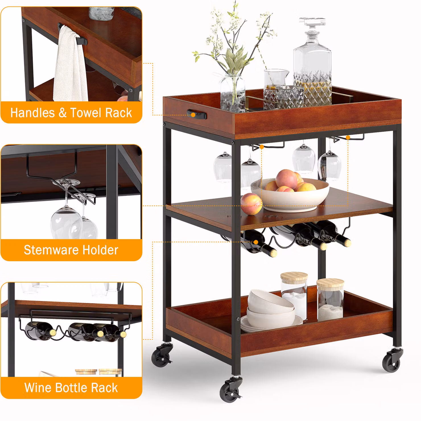 Costway 3-Tier Industrial Rolling Bar Serving Cart in Brown – 2