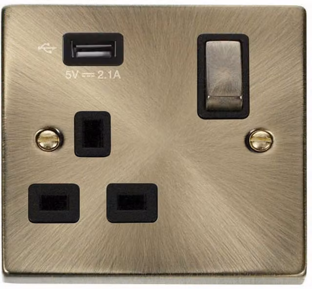 SE HOME Antique Brass Surface Mount 1 Gang 13A DP Ingot 1 USB Switched Plug Socket