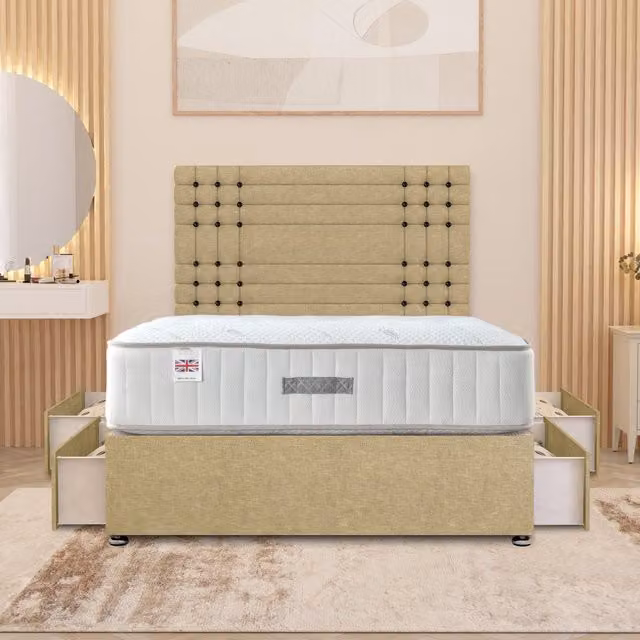 Somnior Beds Ltd Saville Linen Divan Bed Set with 32 inch Headboard and Orthopaedic Mattress, Beige, W/D/H: 200 x 200 cm