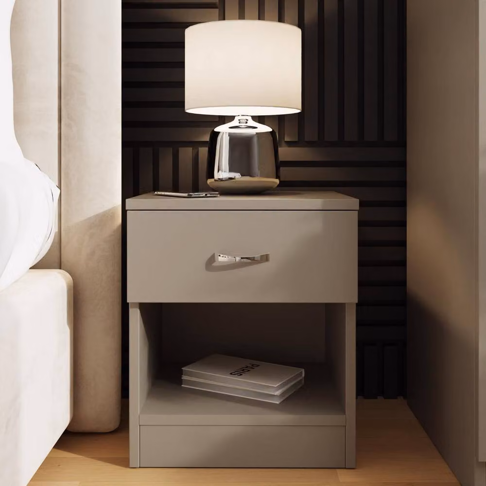 FWStyle Pair of Beige Modern Nightstands with One Drawer and Open Shelf – 2
