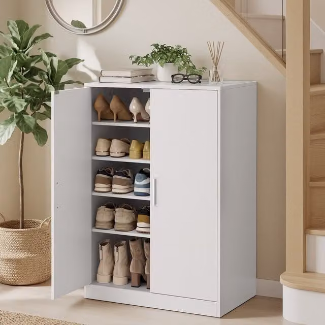 VASAGLE Modern White Wooden 5-Tier Shoe Storage Cabinet with Hinged Doors and Open Shelves